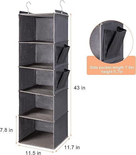 Miniatura 3 de BOOMIBOO Organizador de armario colgante y estantes, 5 estantes colgantes con 2 bolsillos laterales, almacenamiento plegable (gris)