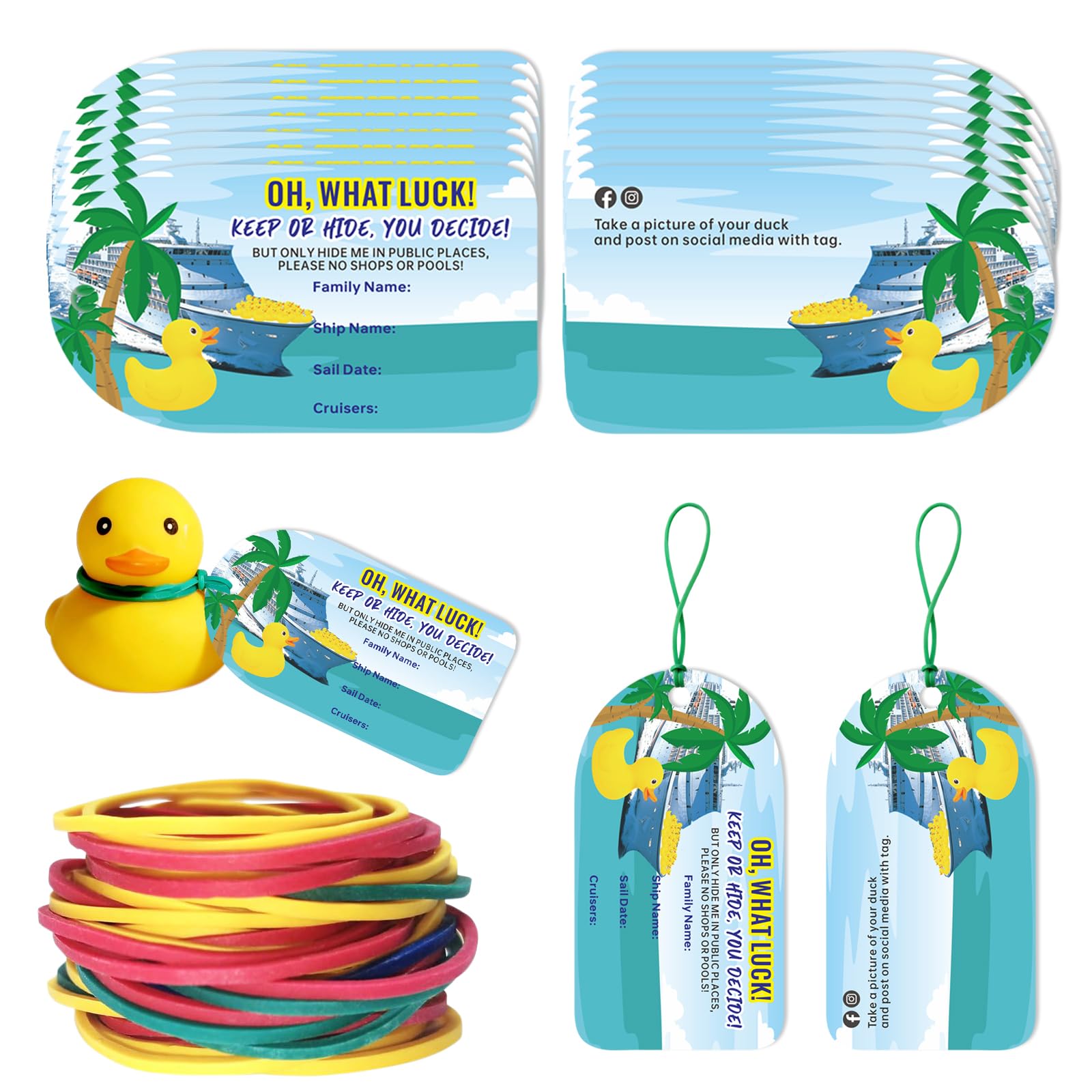 Dinggaogao 50 Pieces Duck Tags, Ducking Game Cards,Cruising Rubber Duck Tagsfor Ducks 50 Rubber Bands, 1.96 x 3.54 Inches Duck Tags for Cruise Ship