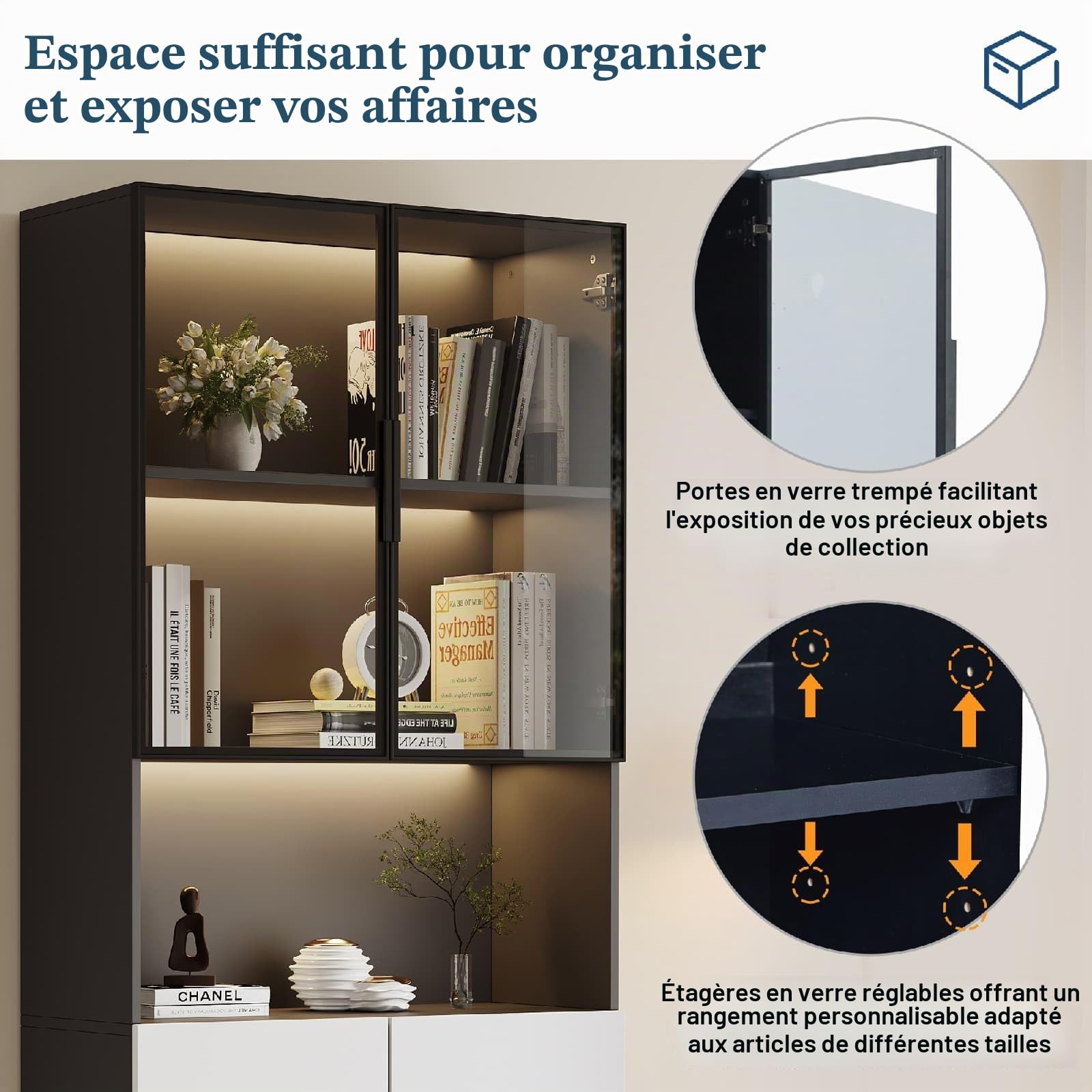 PUGSDRLY Minimalist Display Cabinet with Glass Doors, Display Cabinet with LED Lights, Bookcase, Modern Storage Furniture with Shelves for Kitchen, Living Room and Office 80 x 30 x 200 cm (A, 1)