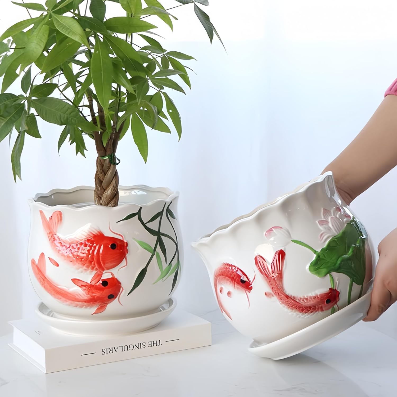 Ceramic Pots for Plants: Plant Pots Indoor with Drainage Holes and Saucers, 2025 New Chinese Style Decorative Planter, with Goldfish and Plant Pattern, Cute Small Decorative Flower Pot