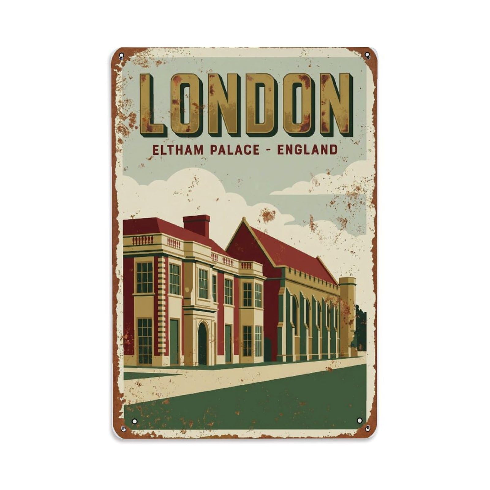 Vintage Travel London Eltham Palace Art Deco Mansion Rusted England Metal Tin Sign Plaque Wall Decor for Cafe, Club Bar, Office, Home Garden Metal Poster 8x12Inch