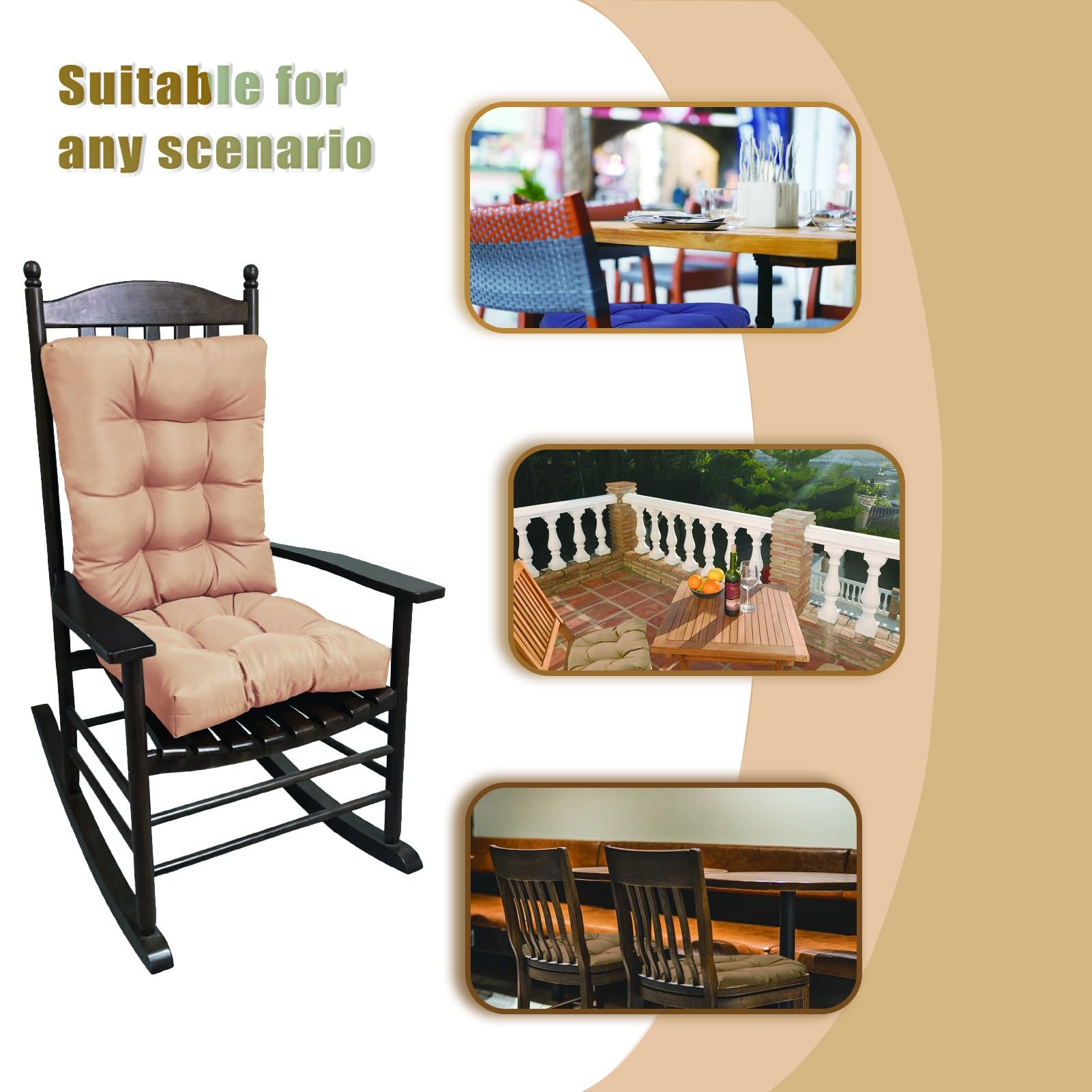 Zestaw poduszek na fotel bujany z wysokim oparciem, antypoślizgowe, ciemnobrązowe, 53 x 43 x 7 cm, najwyższy komfort dla drewnianych bujaków