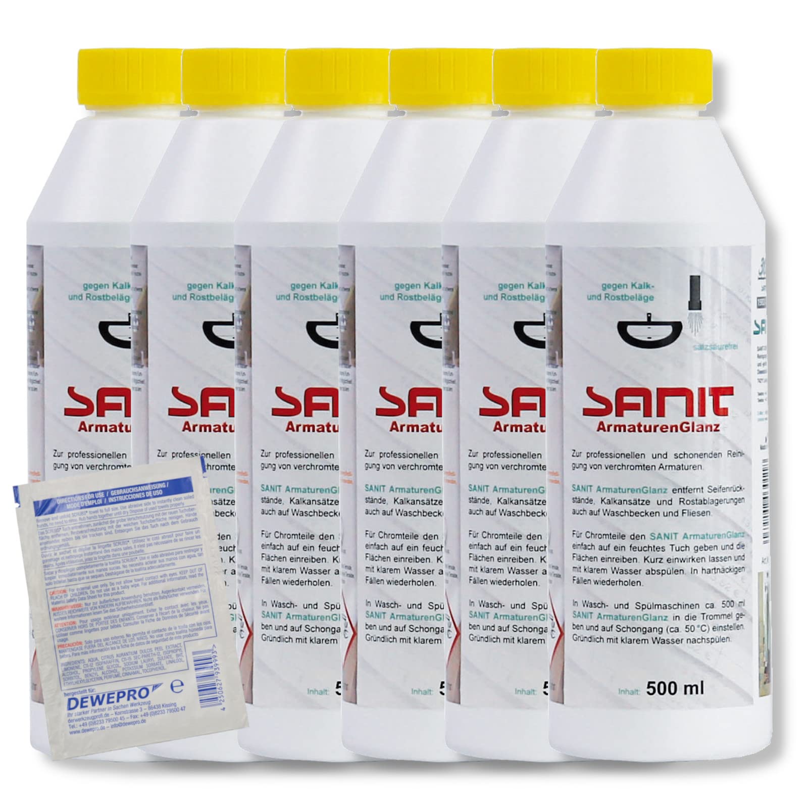 DEWEPRO-Set: SANIT ArmaturenGlanz (3011) - 6 Flaschen à 500ml - zur professionellen und schonenden Reinigung von verchromten Armaturen, inkl. 1 St. DEWEPRO® Single Scrubs
