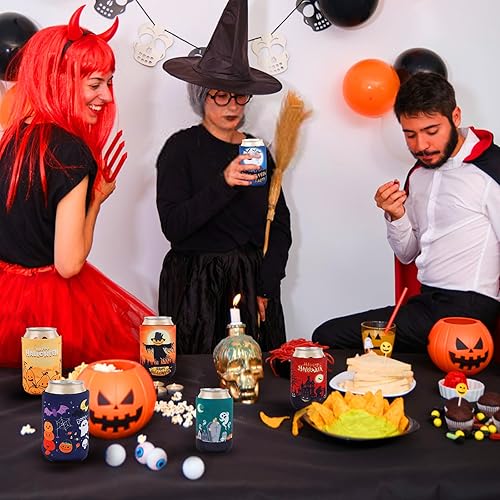 Miniatura 5 de 12 fundas para latas de Halloween, de 12 onzas, fundas para enfriadores de latas de Halloween, casas encantadas, fantasma, gato negro, calabaza,