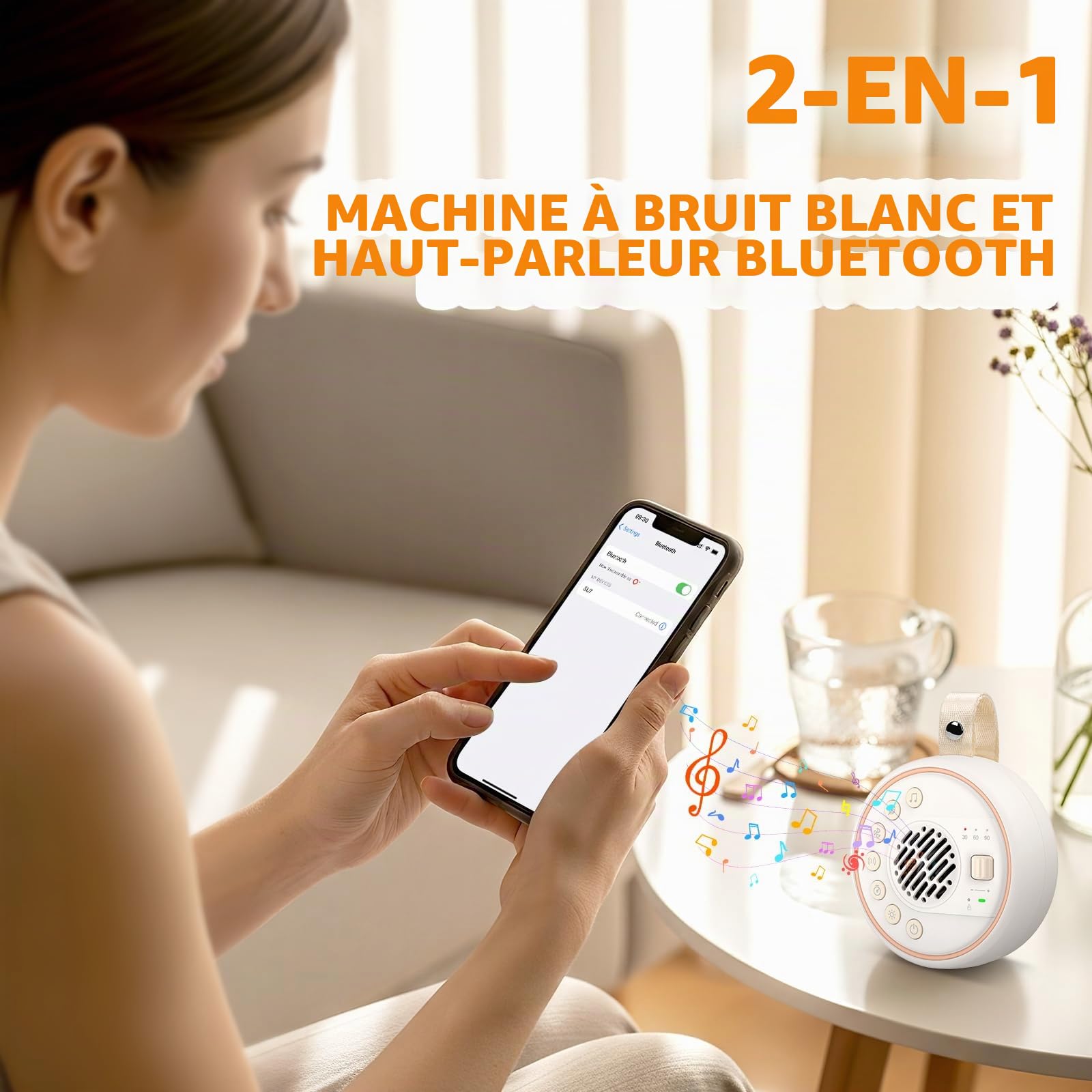 Machine à Bruit Blanc,Machine Sonore pour Bébé-22 Sons Apaisants,60 Niveaux de Volume 2000mAh Batterie et Enceinte Bluetooth Bruit Blanc Portable pour Enfants et Adultes