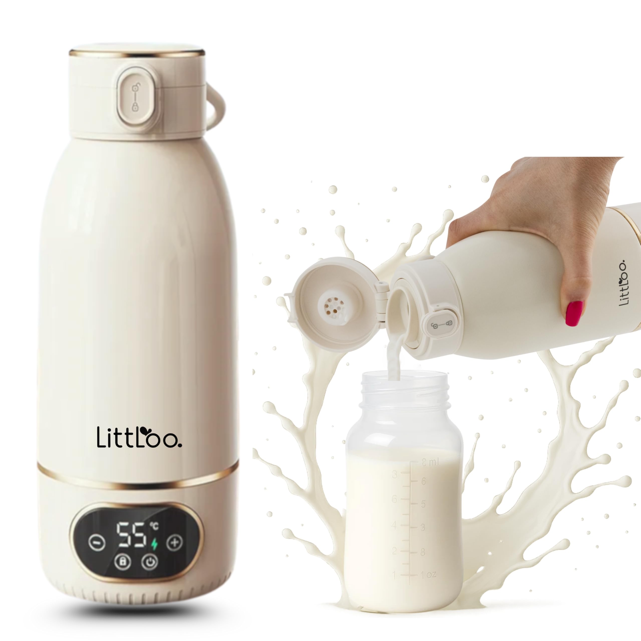 LittLoo Chauffe Biberon Sans Fil Portable, 500ml, Nomade USB-C, Température Réglable 35-65°C, Pasteurisation, Inox SUS316 Sans BPA, Autonomie 8 Biberons, Voyage Voiture Nuit, Lait Maternel