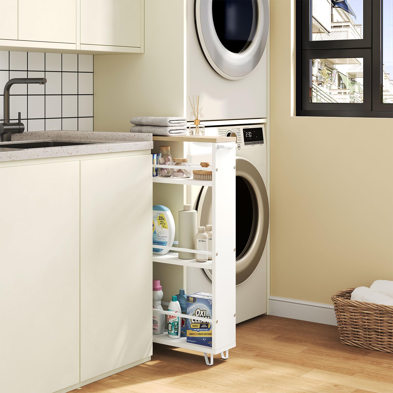 WOLTU Carrito de Cocina con 3 Niveles, Carro Auxiliar Cocina con Ruedas, Estanteria Estrecha de Almacenamje, Madera y Metal, con Frenos y Asa, 47x13x80 cm, Blanco+Roble Claro