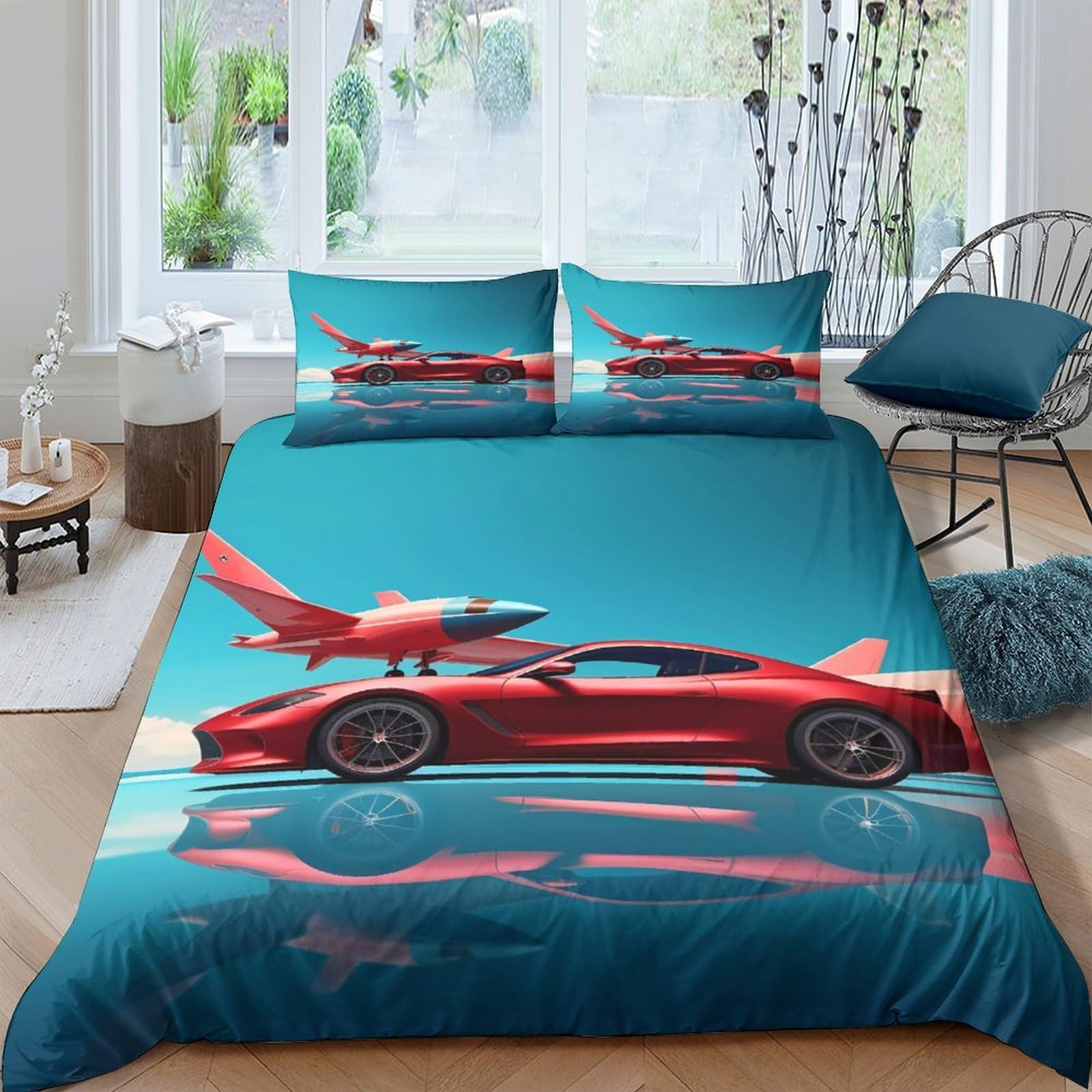Ctjqhvkz Style-6 3D Printed Sports Car Fitted Sheet Microfiber Red Supercar Aircraft Bed Cover For Bedroom Dorm Mattress Protection Decor Single（135X200cm）