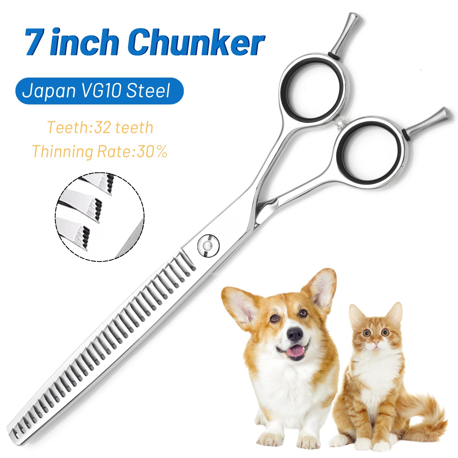 32 dents VG10 ciseaux pour chien en acier pour l'entretien, ciseaux de taille de 7 pouces pour animaux de compagnie, ciseaux amincissants à 30% pour chiens, chats et autres animaux de compagnie