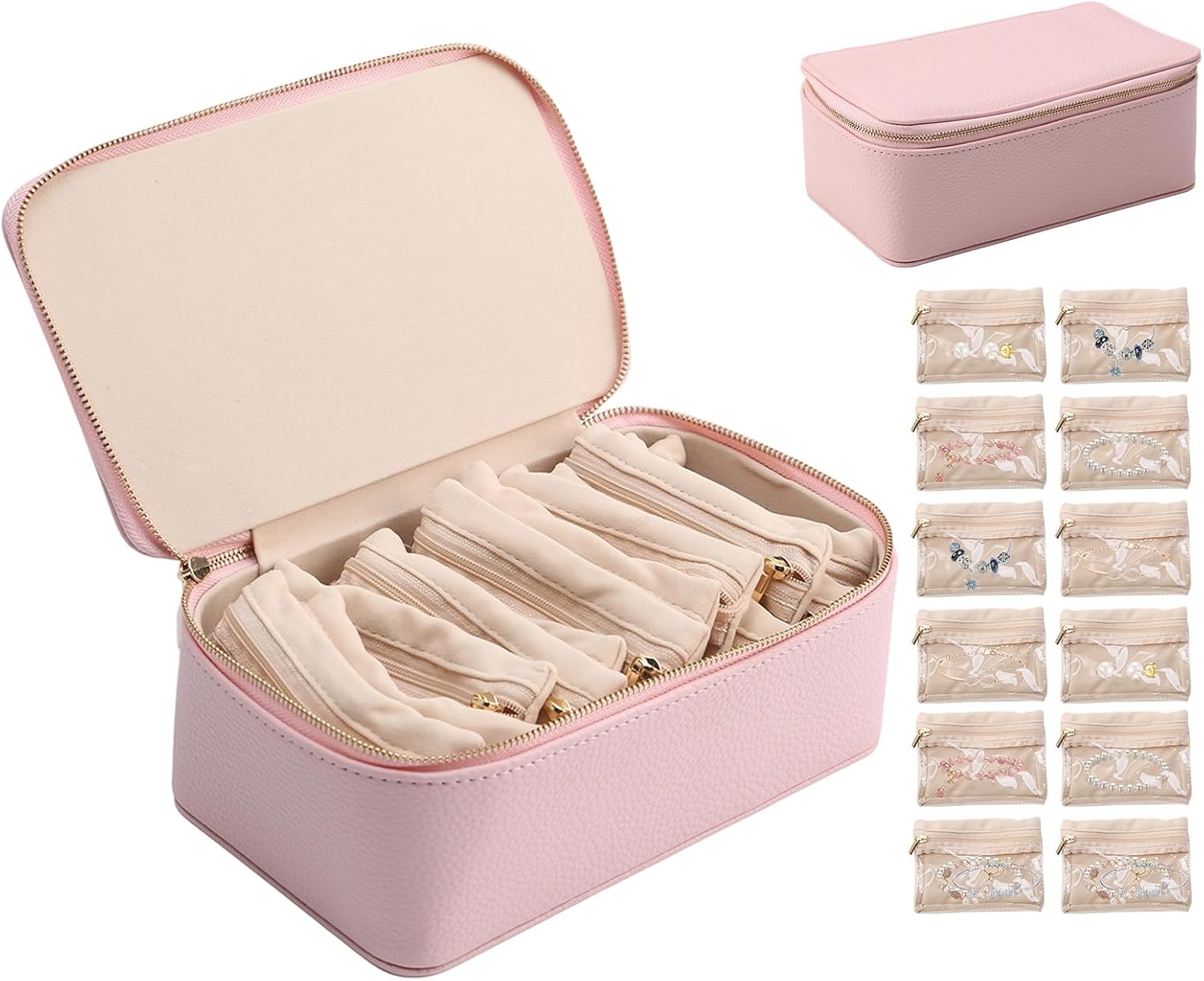 Petyoung Travel Jewelry Box, Portable PU Leather Jewelry Case with 12pcs Velvet Zipped Pouches, for Earrings Necklaces Bracelet Rings Sorting Storage, for Wedding Birthday Gift