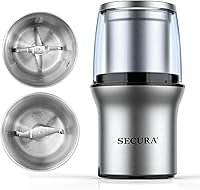 Secura Electric Coffee & Spice Grinder with 2 Stainless Steel Blades, Removable Dishwasher-Safe Bowls & 200W Motor