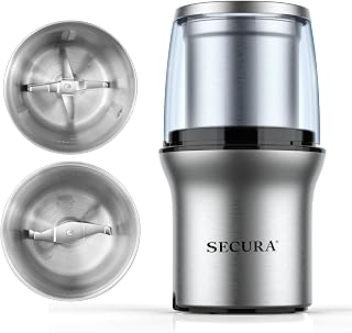 Secura Electric Coffee & Spice Grinder with Stainless Steel Blades, Removable Dishwasher-Safe Bowls, 200W Power