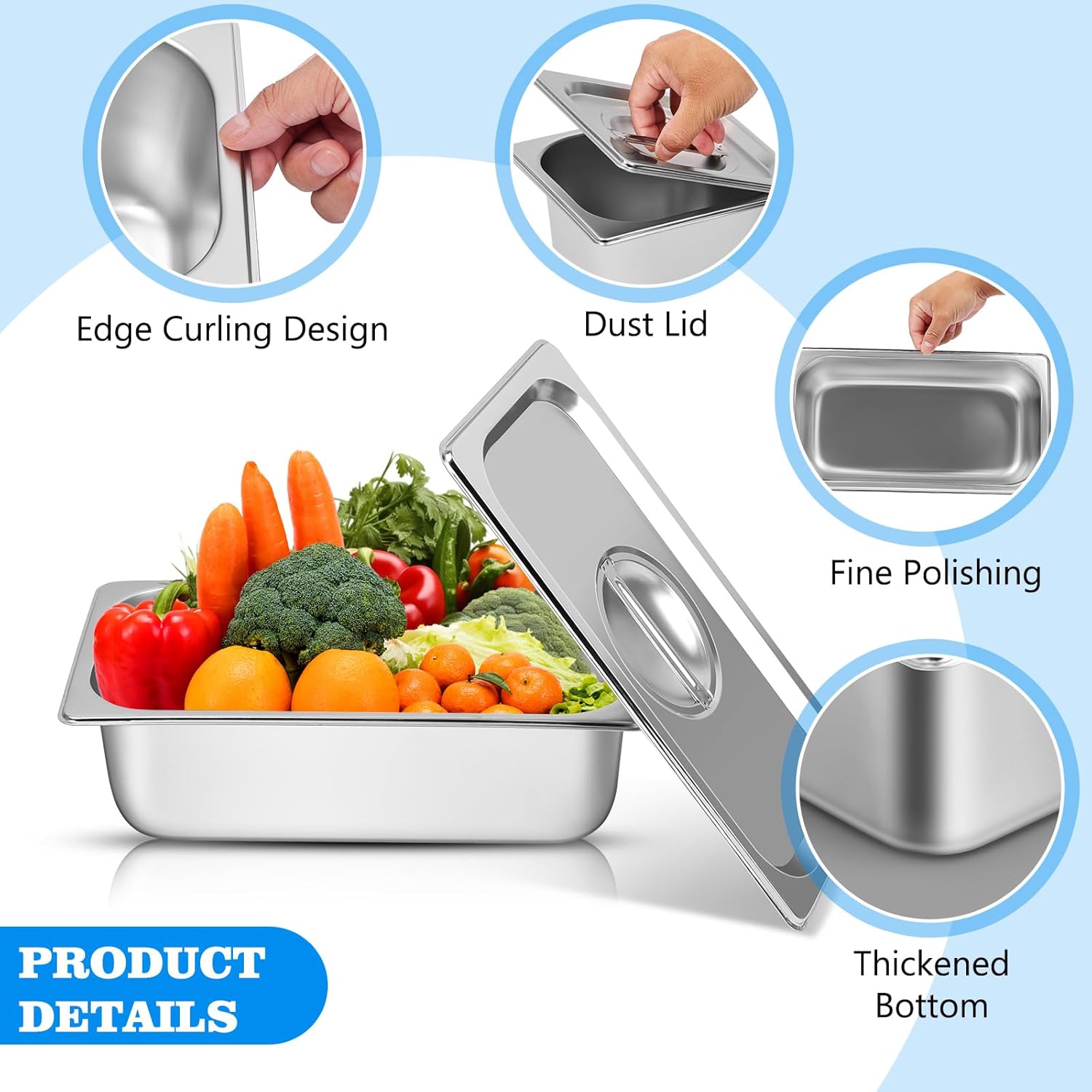 6 Pack Stainless Steam Hotel Pan with Lid, 1/3 Size 4 Inch Deep Steam Table Pans, Stackable Commercial Anti Jam Steam Tray Catering Food Storage Steel Pan for Hotel Restaurant Buffet Party Supplies - Image 4