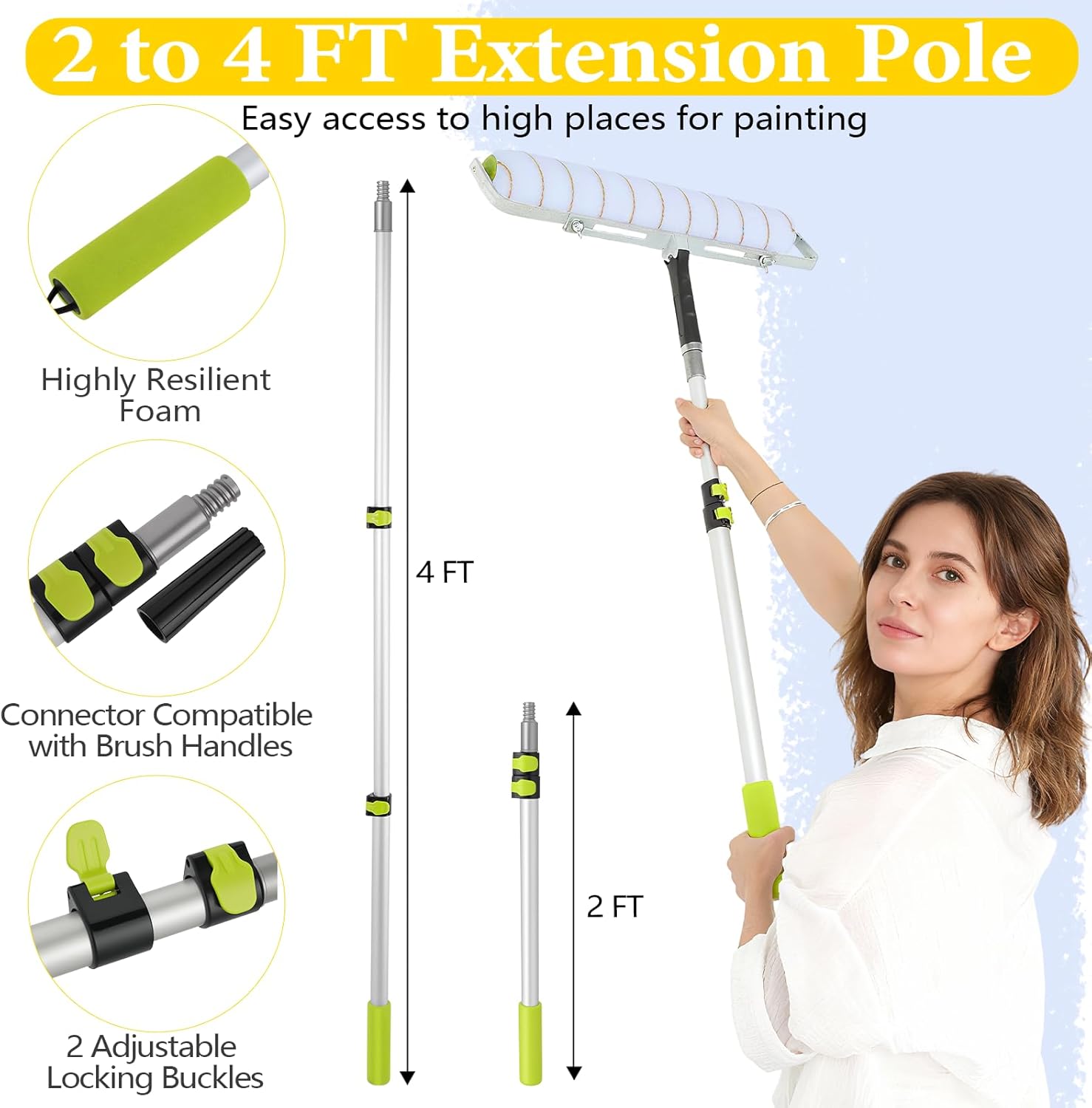 18 Inch Paint Roller Kit, 14 Pack Paint Roller Set with 2-4 Ft Extension Pole, Paint Tray Liners with Plastic Sheeting for Painting Walls Ceilings House Corner Stain (White and Yellow)