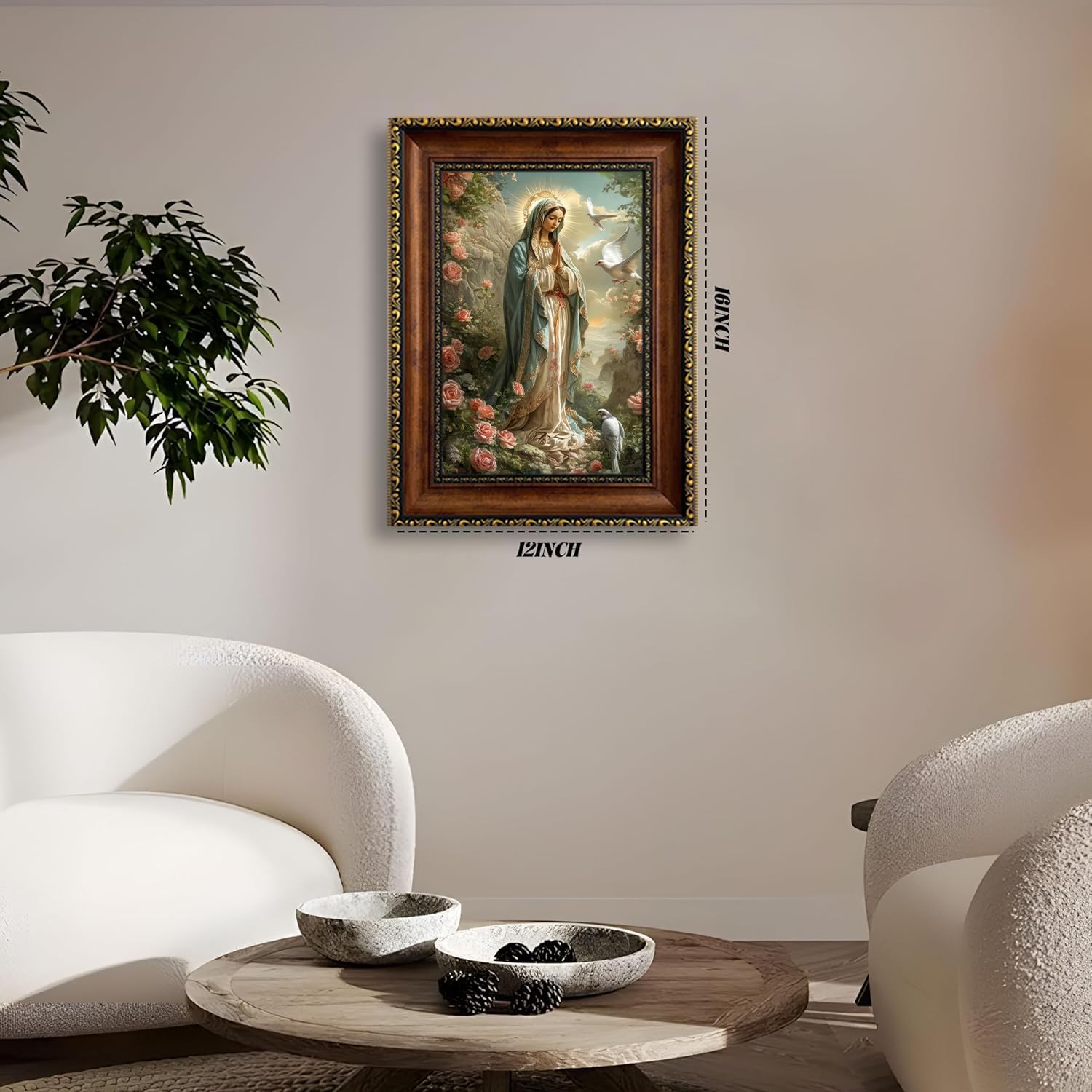 Vintage Gold Framed Blessed Mother Canvas Wall Art Catholic Virgin Mary Among Roses Wall Decor Pictures Religious Our Lady of Guadalupe Portrait Poster Prints for Prayer Room Home Decoration 12X16in