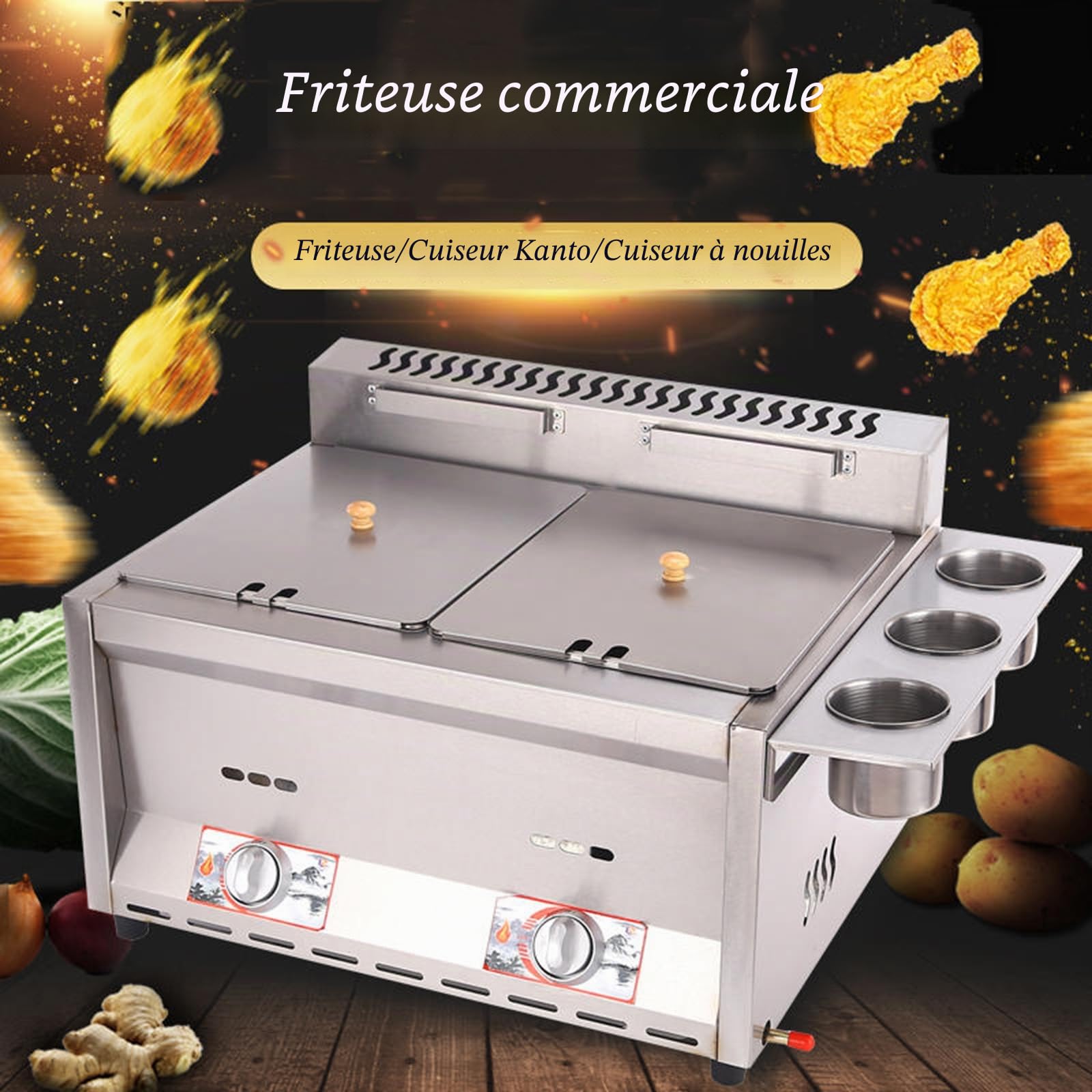 Friteuse à gaz Professionnelle GPL, Friteuse Commerciale en Acier Inoxydable avec paniers et couvercles de friteuse, Pour la cuisine commerciale et maison, Double Cylinder 2x8L