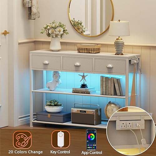 Miniatura 4 de Furologee Mesa consola de 38 pulgadas con 3 cajones, mesa de sofá pequeña con luces y tomas de corriente, mesas de pasillo con estantes de 3