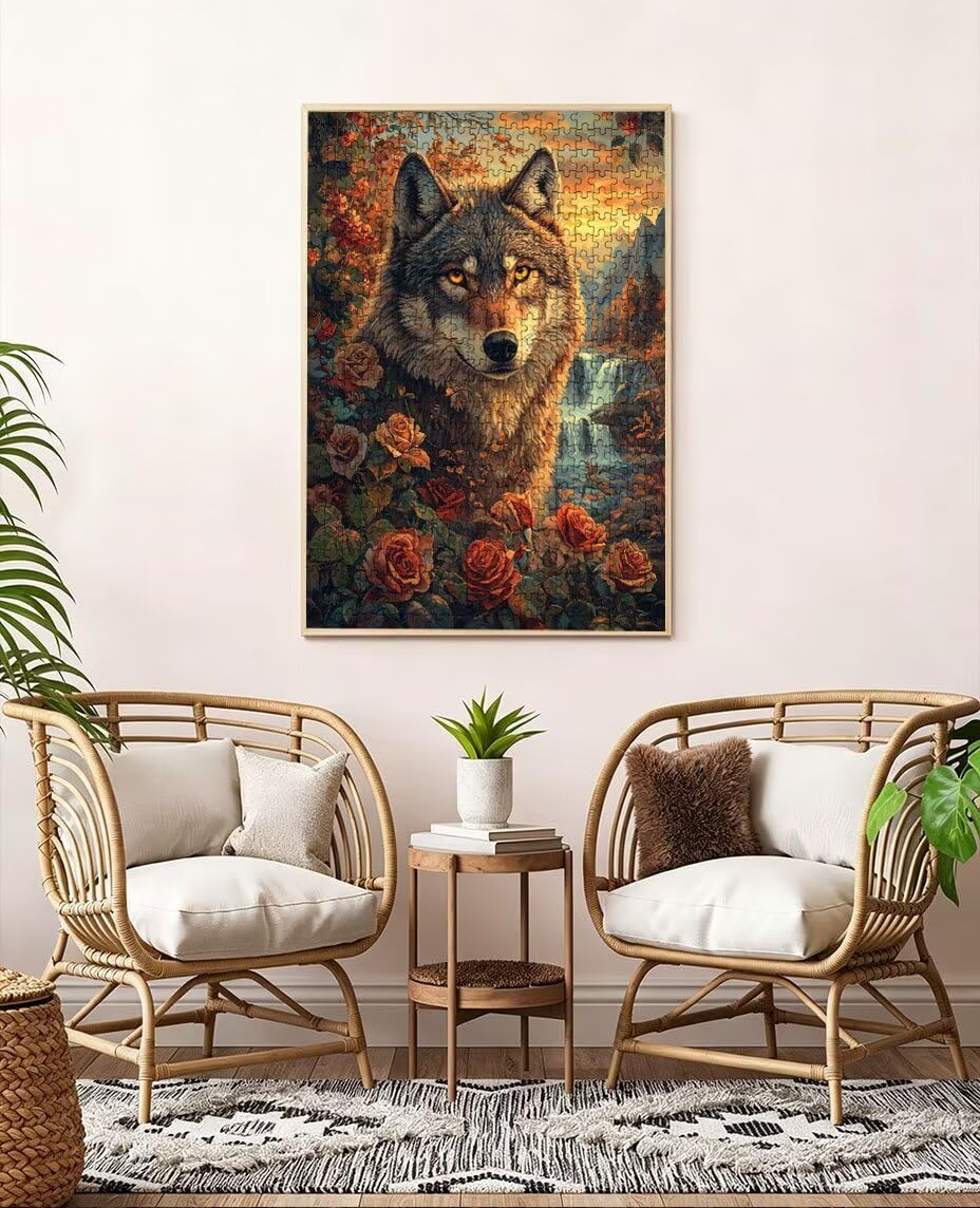 Puzzle 1000 elementów, wilk kwiatowy puzzle dla dorosłych 1000, niemożliwe klasyczne układanki, drewniane układanki, gra rodzinna, do gry edukacyjnej wyzwanie zabawki, dekoracja ścienna prezent BXHZW5