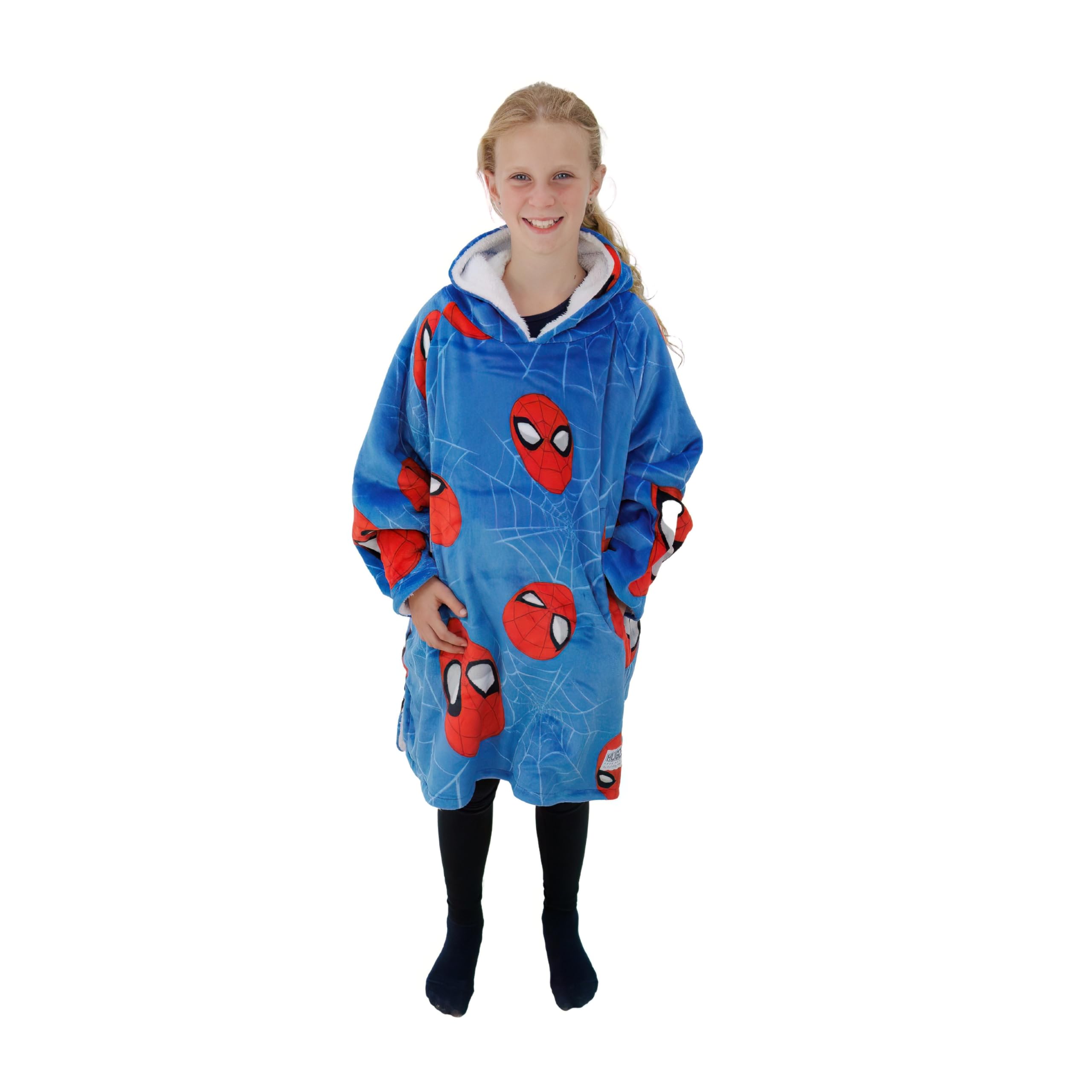 Character World Disney Official Spiderman Oversized Wearable Hooded Fleece | Super Warm and Cosy Spidey Heads Up Design | Perfect For Kids Aged 7-12 Years, One Size Suggested Height 75cm+