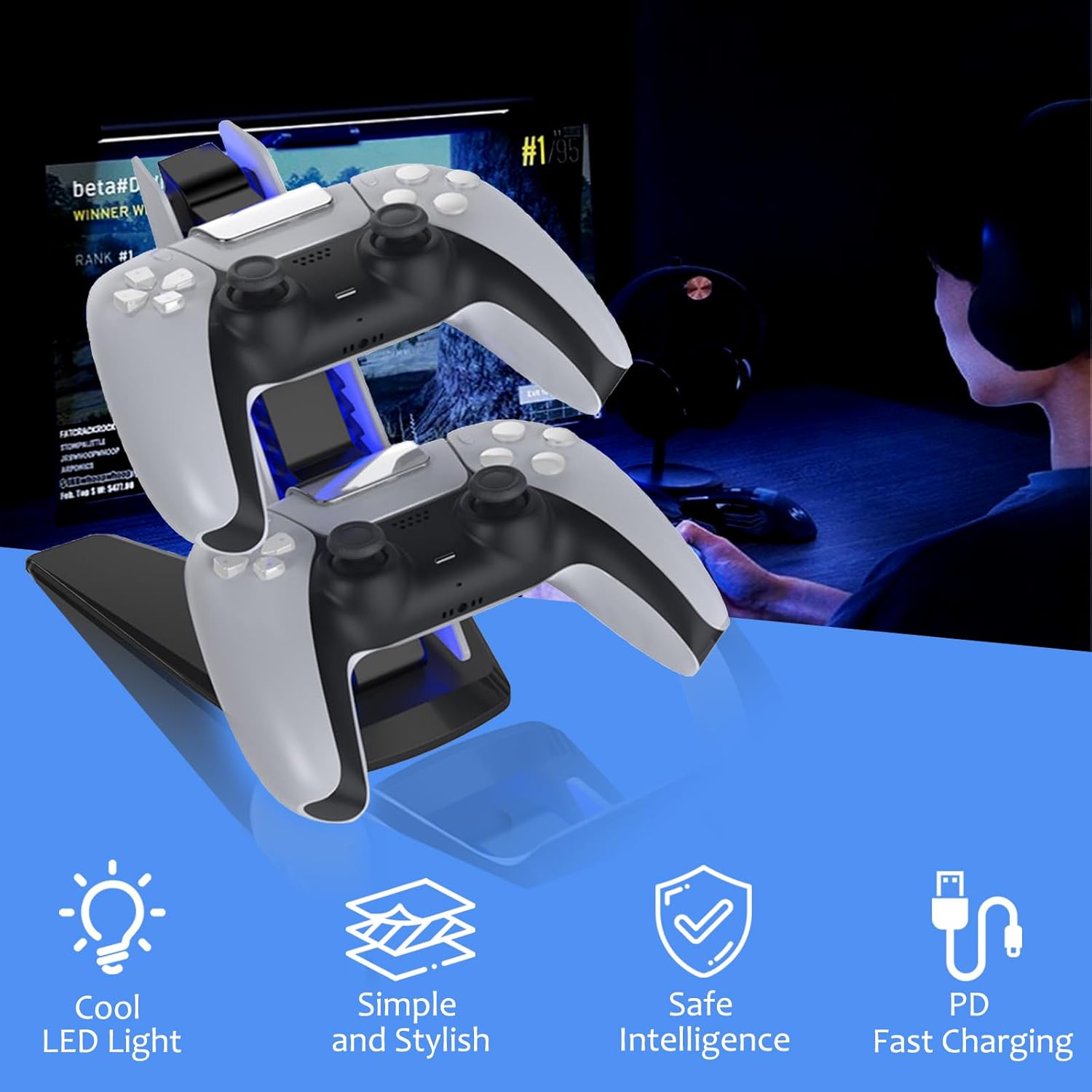 PS5 Charging Station with Blue LED Light – Fast Charging Dock for PS5 Controllers, Dual Charging Ports with Charger Cable, Compact & Sleek Design Charging Stand for Controllers - Image 3