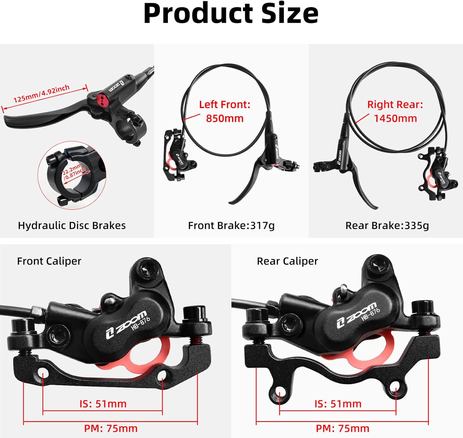 Z00M HB876 4-Pistons Hydraulic Disc Brake Set, MTB Hydraulic Brakes Left Front 850mm Right Rear 1450mm Bicycle Hydraulic Brake Kit for eBike, Mountain Bike, Road Bike, Fat Bike(Pre-Bled)