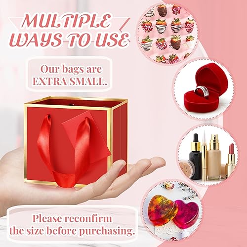 Miniatura 10 de Yeaqee 50 mini bolsas de regalo de papel de aluminio metálico con asa de 4 x 5 x 2 pulgadas, extra pequeña bolsa de agradecimiento con etiqueta para