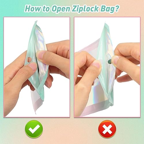 Miniatura 6 de Funfery Paquete de 100 bolsas holográficas degradadas, bolsas resellables de Mylar con cremallera, bolsas de embalaje transparentes para ventana,