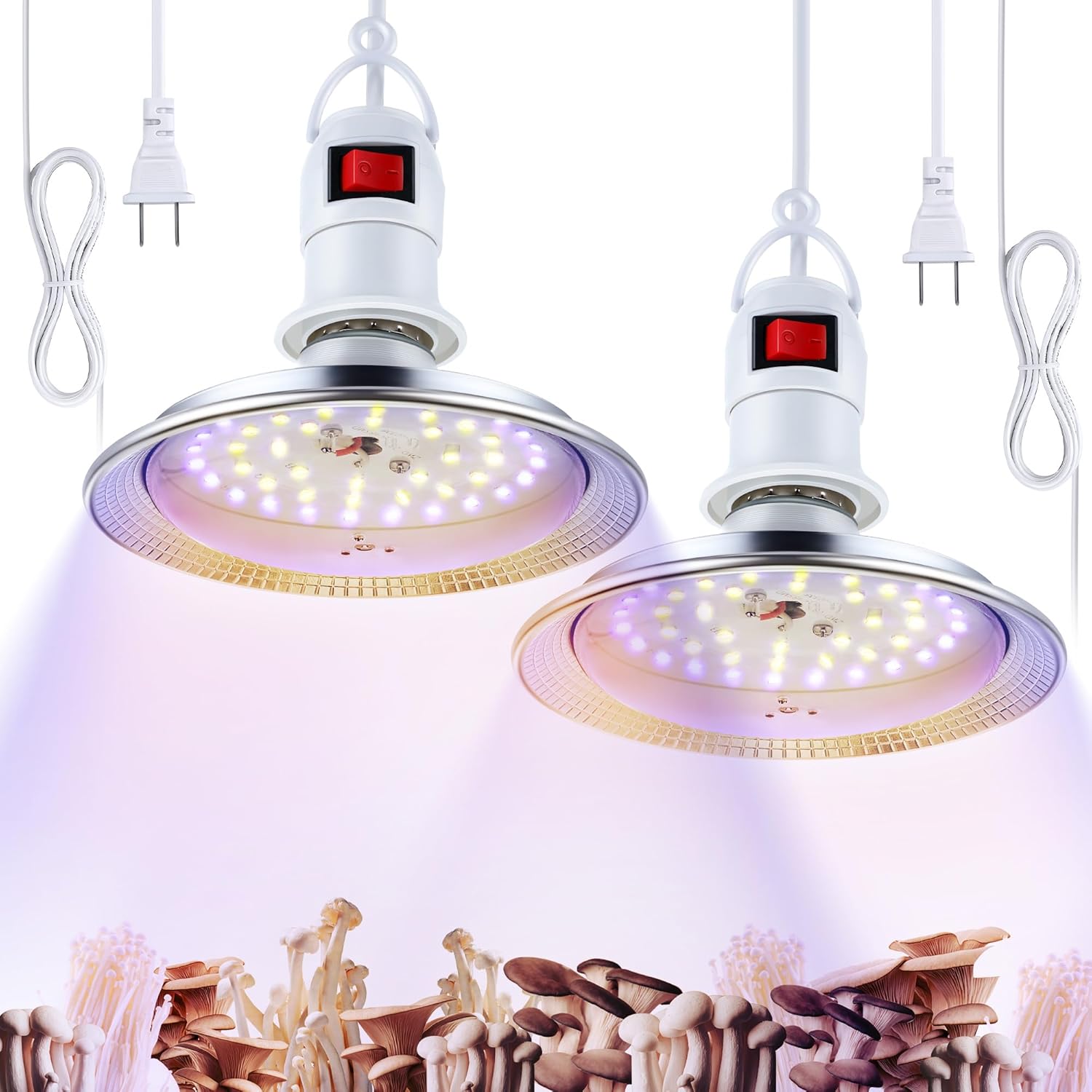 Meonum 2 Pack Hanging Mushroom Grow Light, E27 LED Grow Lamp for Indoor Plants, Decorative 6000K Blue & 5000K White Spectrum, 4.9FT Cord with Switch, Unique Mushroom Plant Light