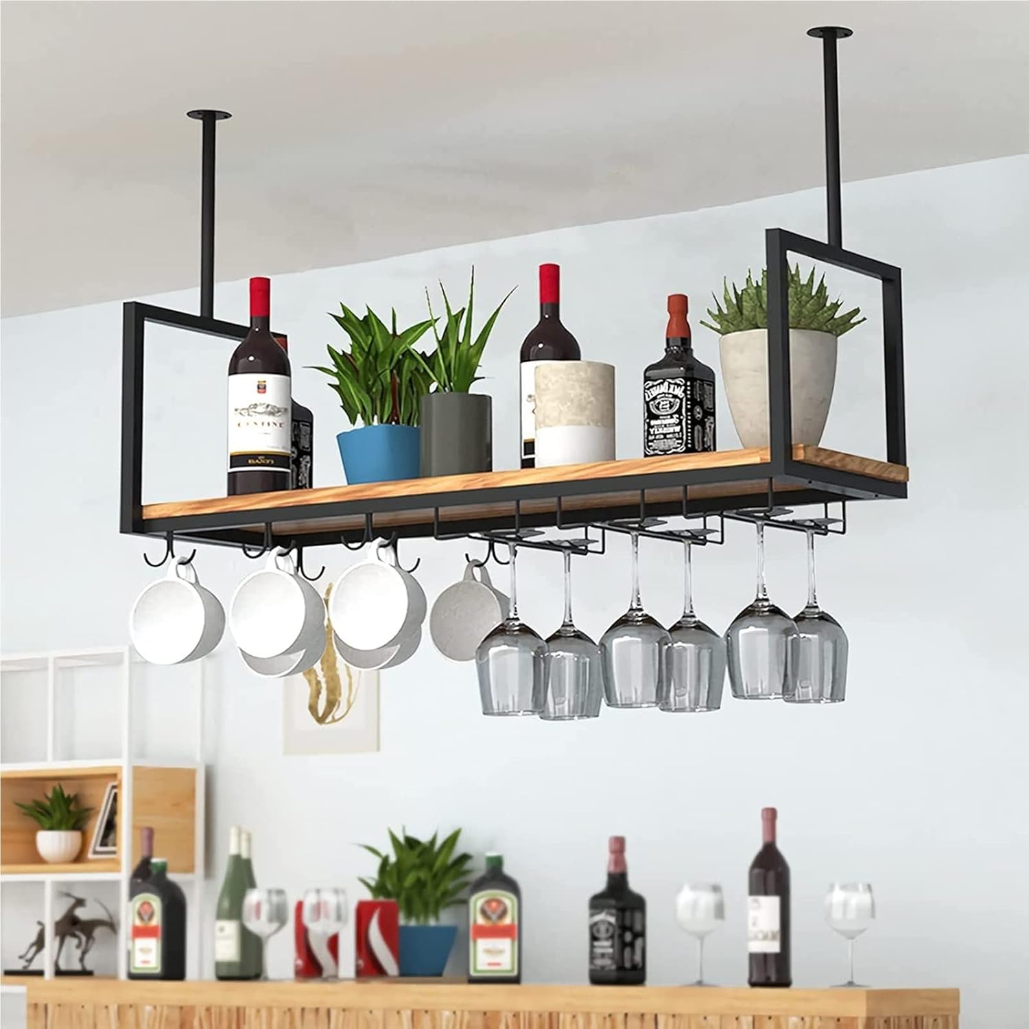 Ceiling Glass Holder - Hanging Wine Rack, Inverted Iron Wine Rack, Black Vintage Wall Hanging Plant Display, Bar/Restaurant Wine Rack, Bearing 60kg