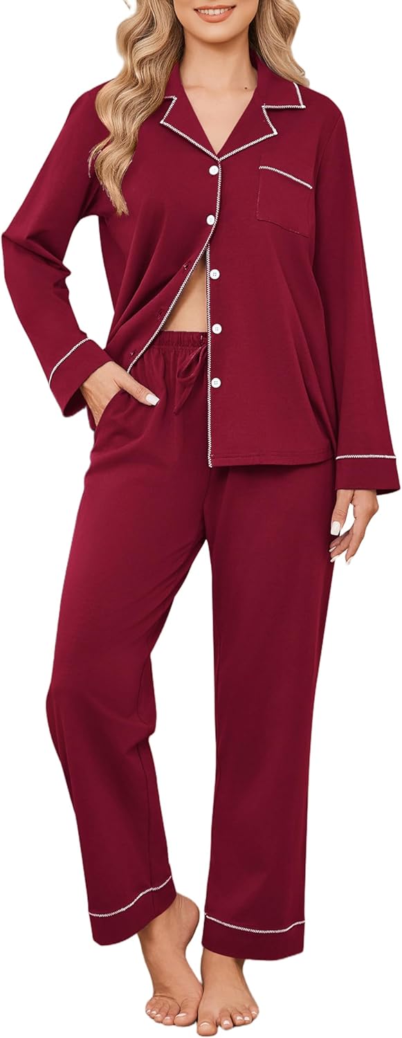 Ekouaer Womens Pajamas Set Cotton PJs Long Sleeve Sleepwear Button Down Tops and Pants 2 Piece Lounge Set