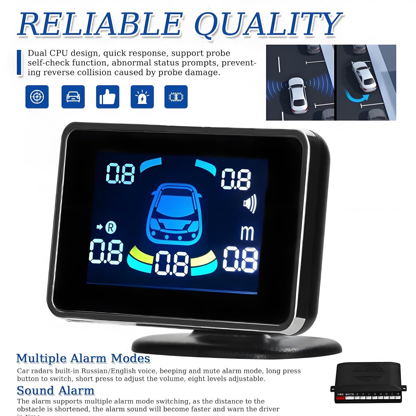 Sistema De Aparcamiento 8 Sensores Con Pantalla LCD, Radar Ultrasónico Delantero Y Trasero, Alertas De Voz Y Sonido, Detector De Marcha Atrás 12V(GRAY)