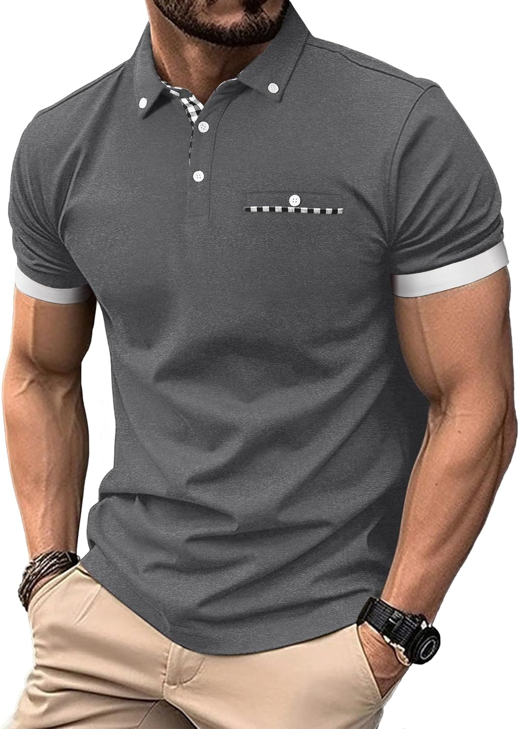 Mens Casual Short Sleeve Summer Polos Plaid Splice Fashion Button Cotton T-Shirt Golf Tennis Tops