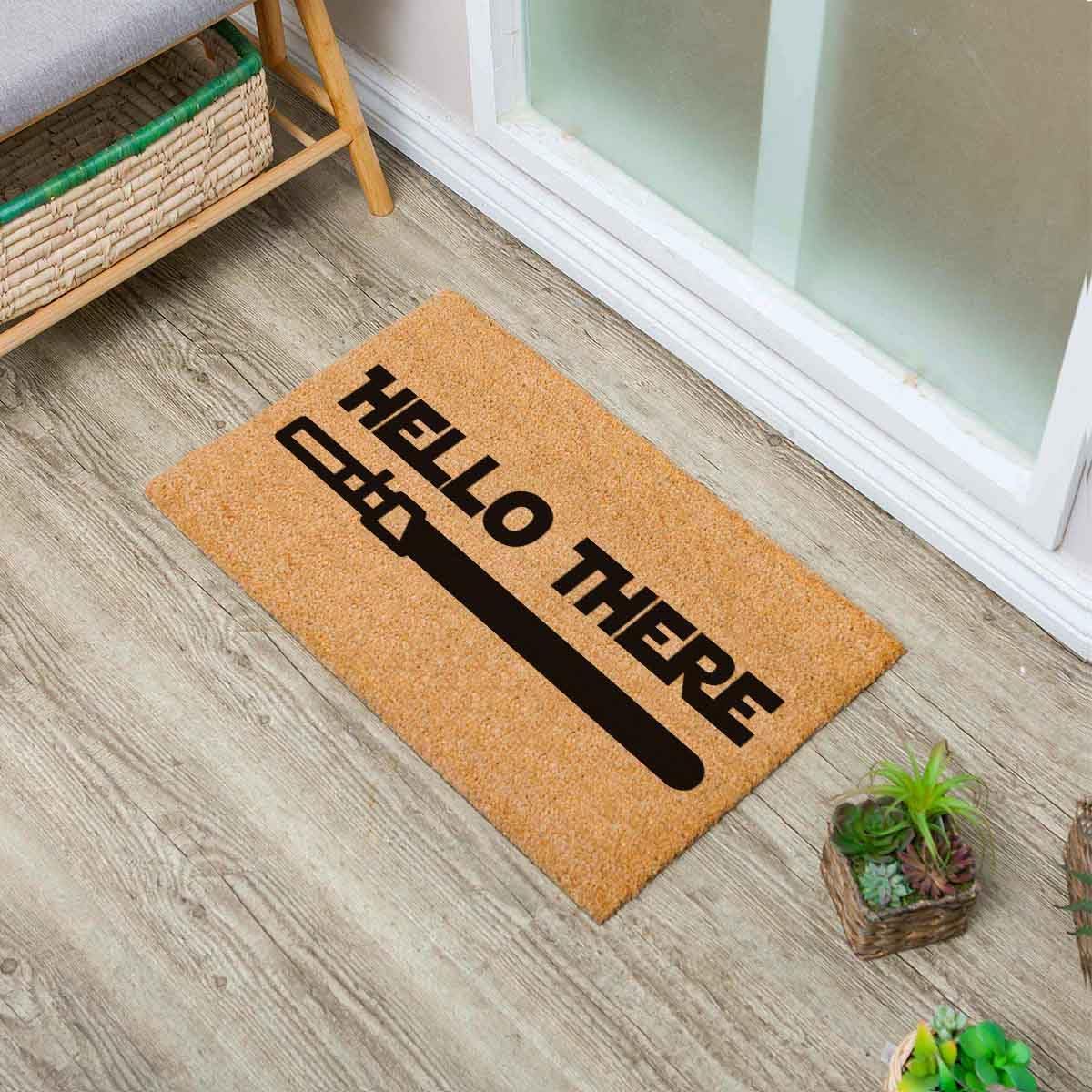 Funny Coir Doormat - Hello There Entryway Outdoor Mat with Heavy Duty Front Porch Welcome Mat - Brown with Black Font - 23.6 x 15.7 inch