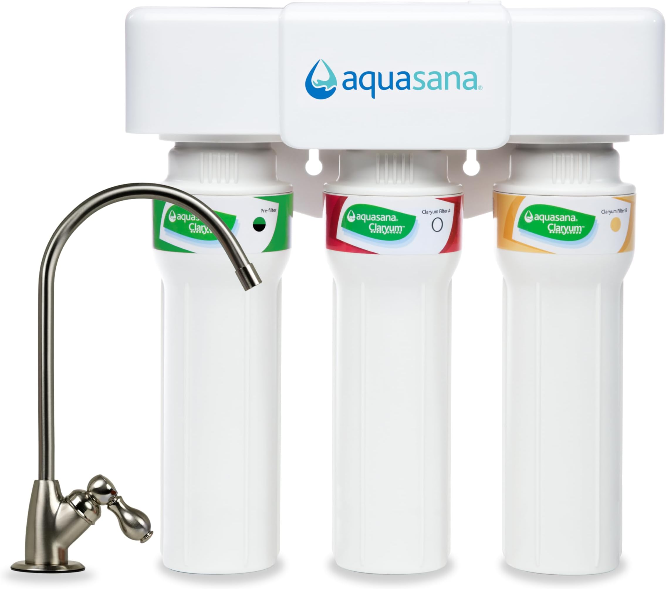 3-Stage Max Flow Claryum Under Sink Water Filter System - Kitchen Counter Claryum Filtration - Filters 99% Of Chlorine - Brushed Nickel Faucet - AQ-5300+.55, White