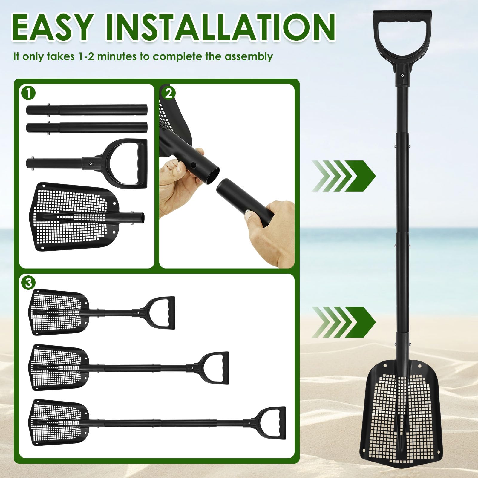 Pala da spiaggia in rete con manico lungo in lega di alluminio da giardino pala da giardino resistente alla ruggine pale da giardino scavare il tesoro setaccio pale per la pulizia del pollaio da