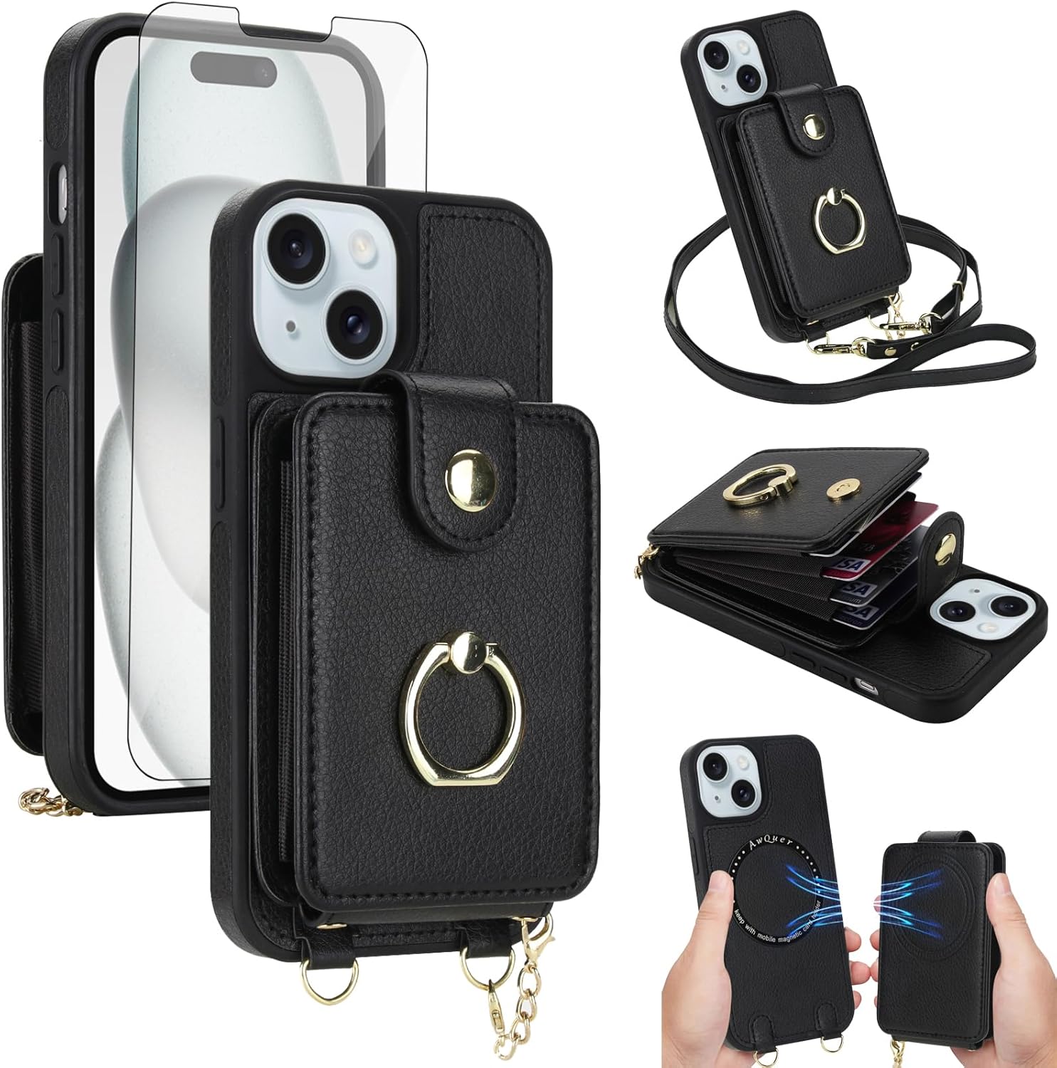 Phone Case for iPhone 13/14 6.1 inch Wallet Cover Detachable Screen Protector Ring Kickstand Crossbody Lanyard Strap Compatible with MagSafe RFID Blocking iPhone13 iPhone14 for Women Men Black
