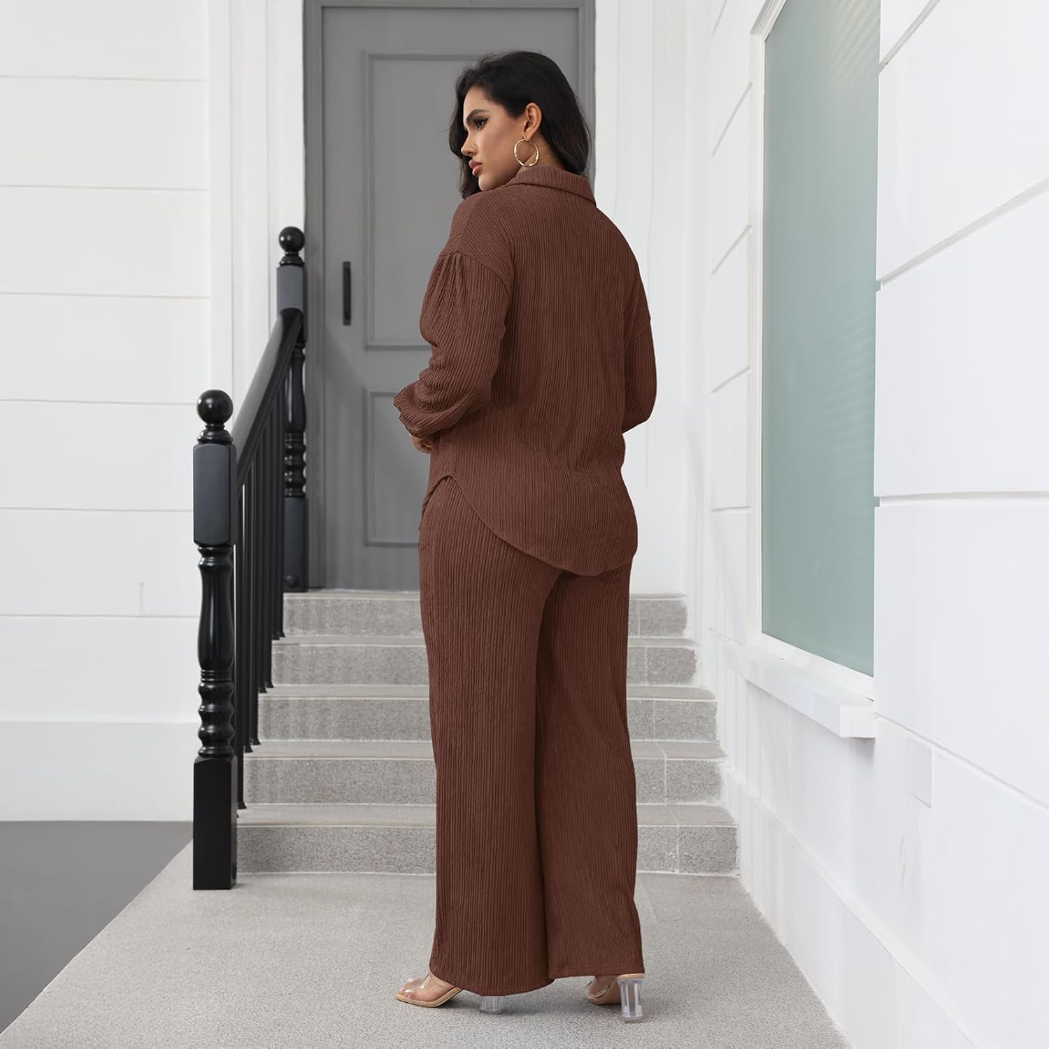 Elainone Women's 2 Piece Outfits Button-Down Shirt Long Sleeve and Flare Pleated Wide Leg Pant Sets With Pocket - Image 5