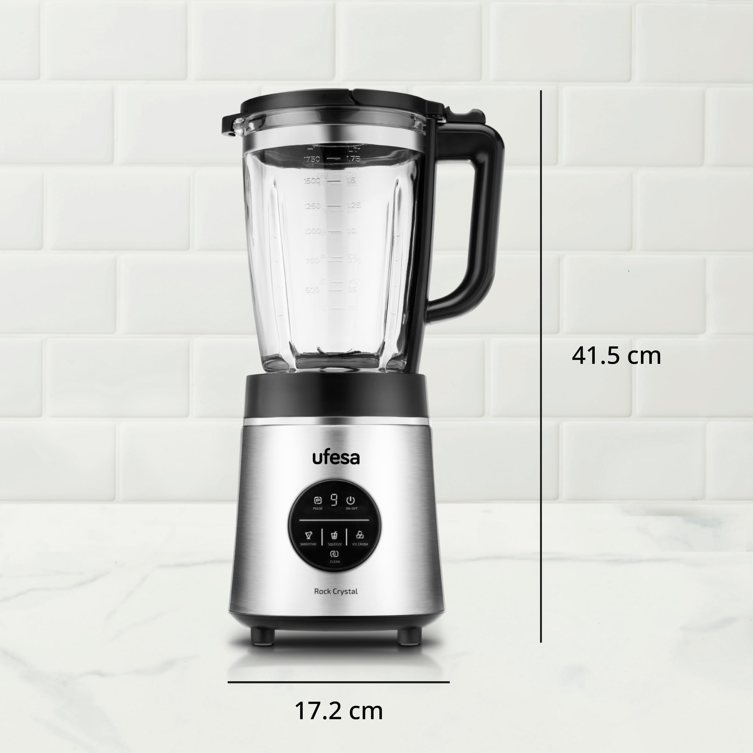 Ufesa Rock Crystal Blender nurkowy, moc 1800 W, szklany dzbanek 1,75 l, elektroniczna regulacja prędkości, młynek do lodu, 6 ostrzy ze stali nierdzewnej, 4 programy automatyczne