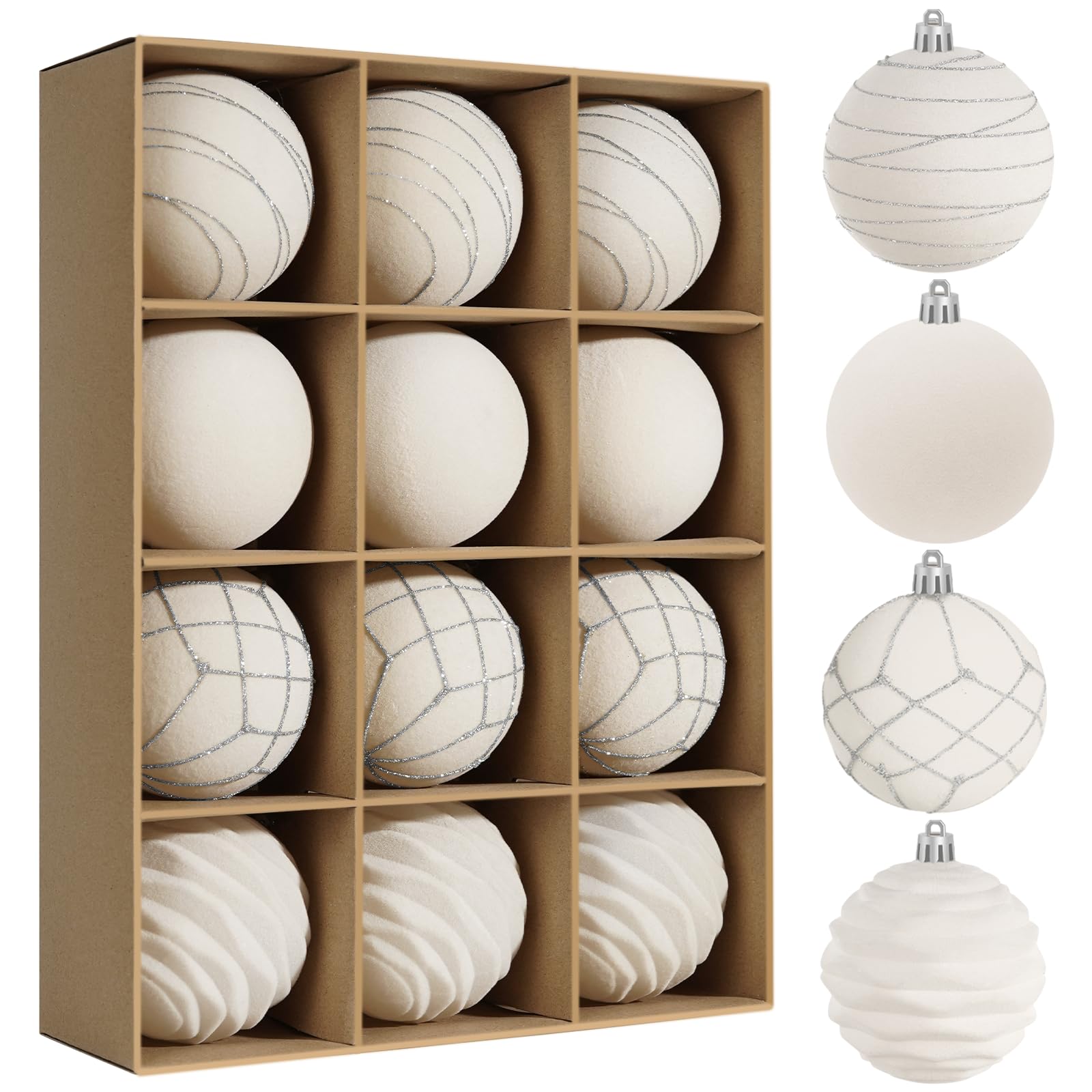 Miaikoe 12Pcs Velvet Christmas Ornaments Balls Sets for Christmas, Plastic Shatterproof Xmas Tree Flocked 8 CM Ornaments Balls for Winter Holiday Decor (Beige)