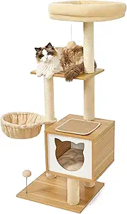 Lesure Modern Cat Tree for Large Cats - Tall Cat Climbing Tower for Indoor Cats with Wood Cat Condo, Hammock and Scratching Post, 50 Inches, Beige