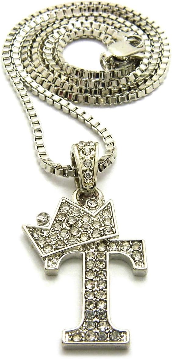 ICED OUT CROWN INITIAL ALPHABET LETTERS PENDANT & 24" BOX CHAIN HIP HOP NECKLACE