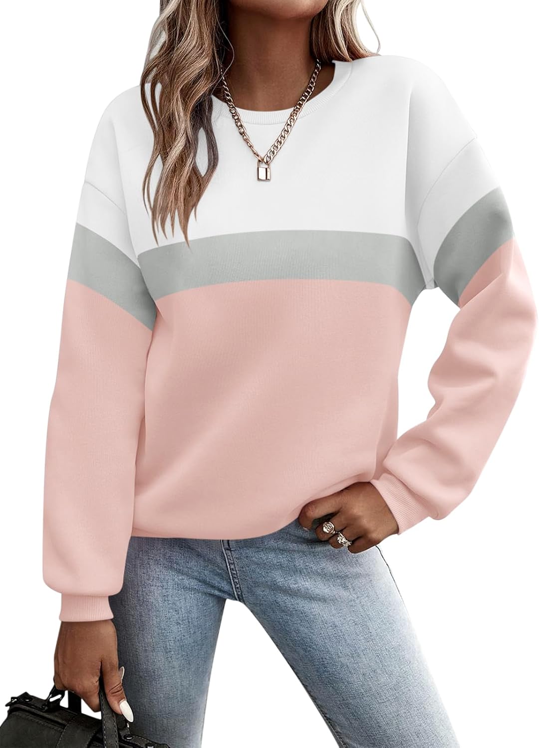 TICTICMIMI Women's Long Sleeve Tops Casual Color Block/Solid Cute Crewneck Sweatshirts Pullover Fall Shirts