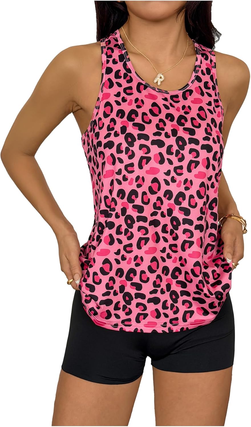 SweatyRocks Women's Racerback Workout Tank Tops Leopard Print Sleeveless Athletic Yoga Shirts