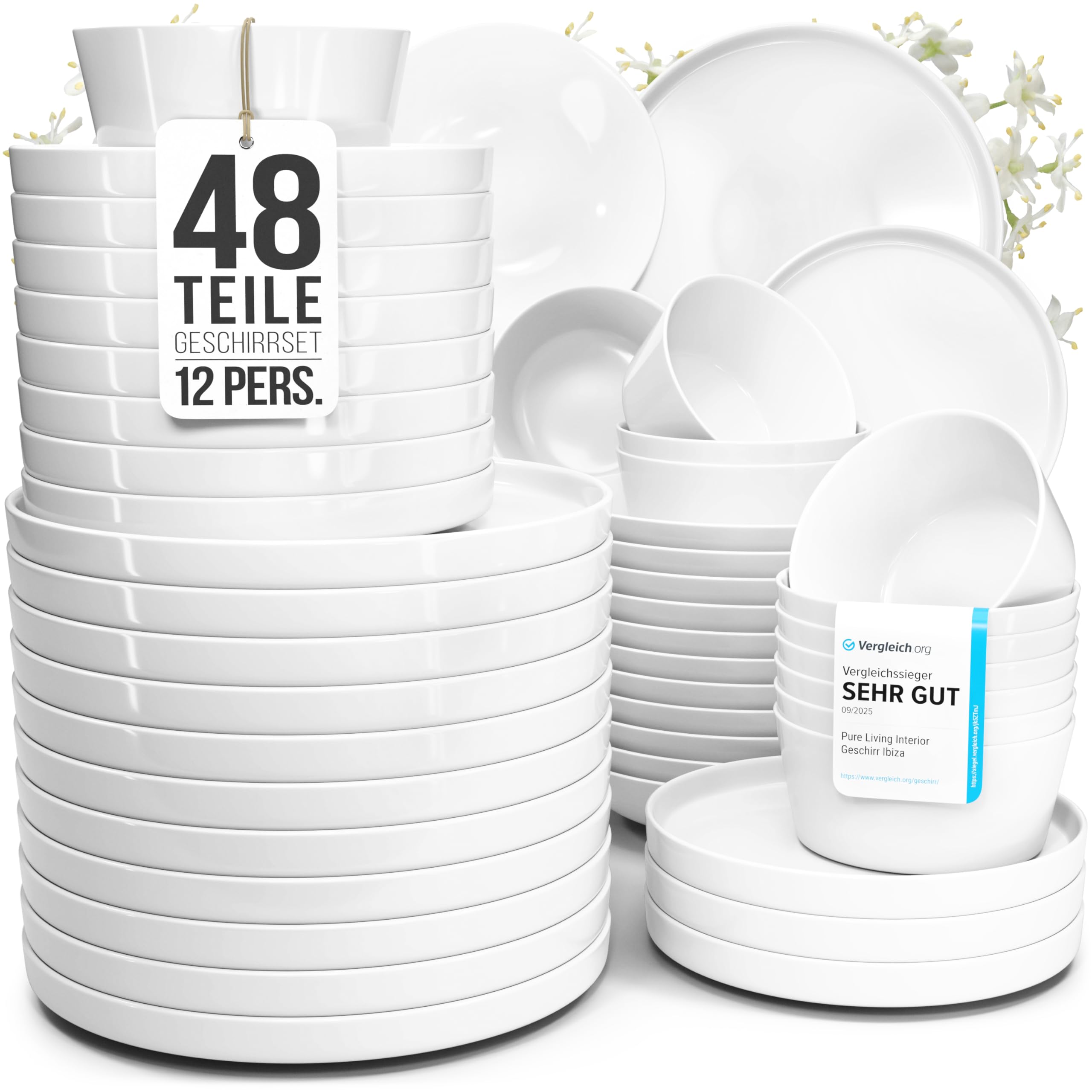 Porzellan Geschirrset 12 Personen Crystal 48 tlg. TESTSIEGER, Cooles klares Porzellan Geschirr Set, Schüssel- und Teller Set, Tafelservice 12 Personen, Geschirrsets Pure Living in weiß