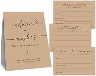 Wedding Advice Cards - Wishes For The New Mr & Mrs Wedding Advice Sign -A Standing Sign With 3 Types Of 4 x 6 Advice Cards -Bride and Groom Newlyweds Bridal Shower Decoration,Games(Brown) - C03