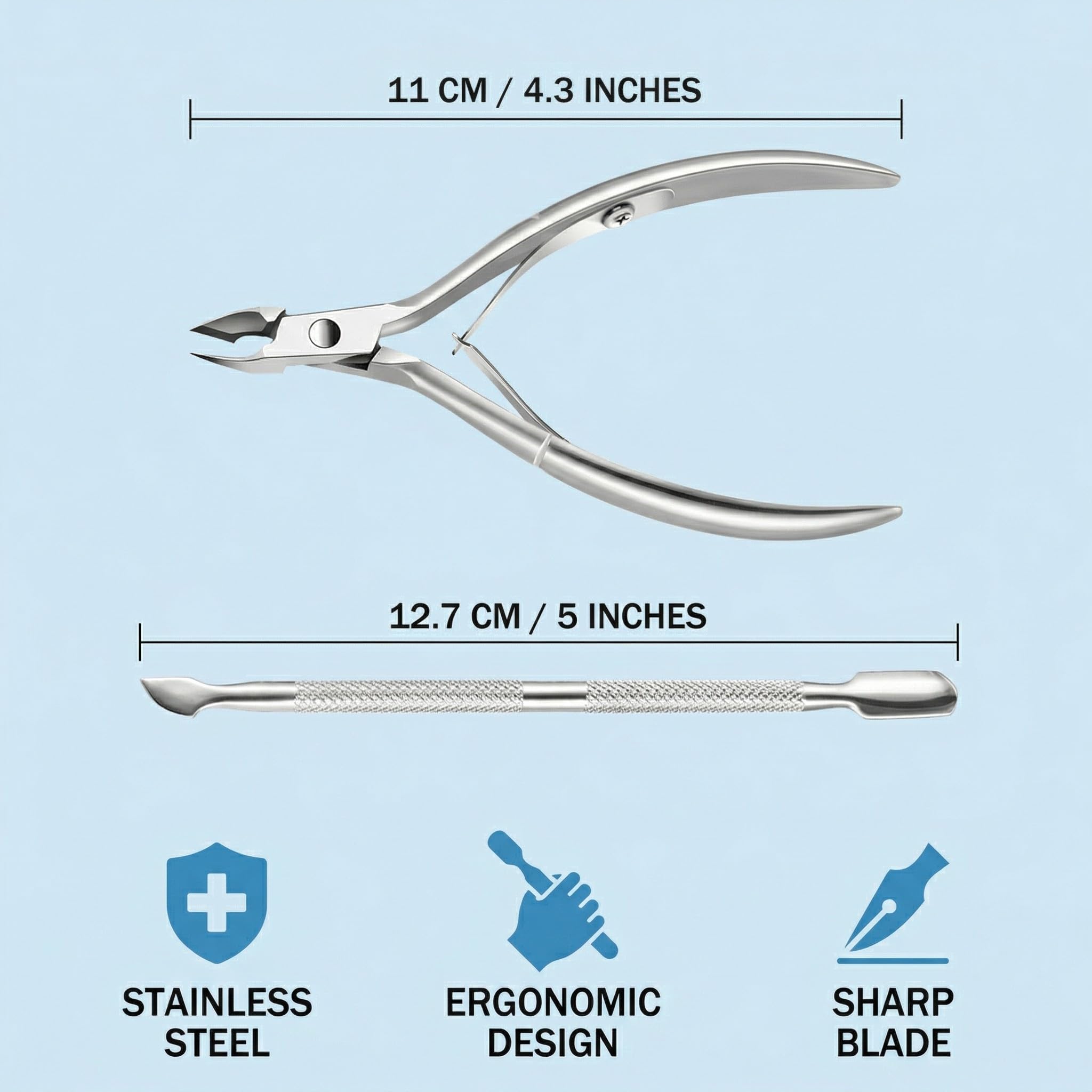 Corta cuticulas, 2 cuidado de cutículas — Kit de alicates de acero y herramienta de eliminación (Incluye cortacutículas de acero inoxidable y empujador de cutículas de doble punta)