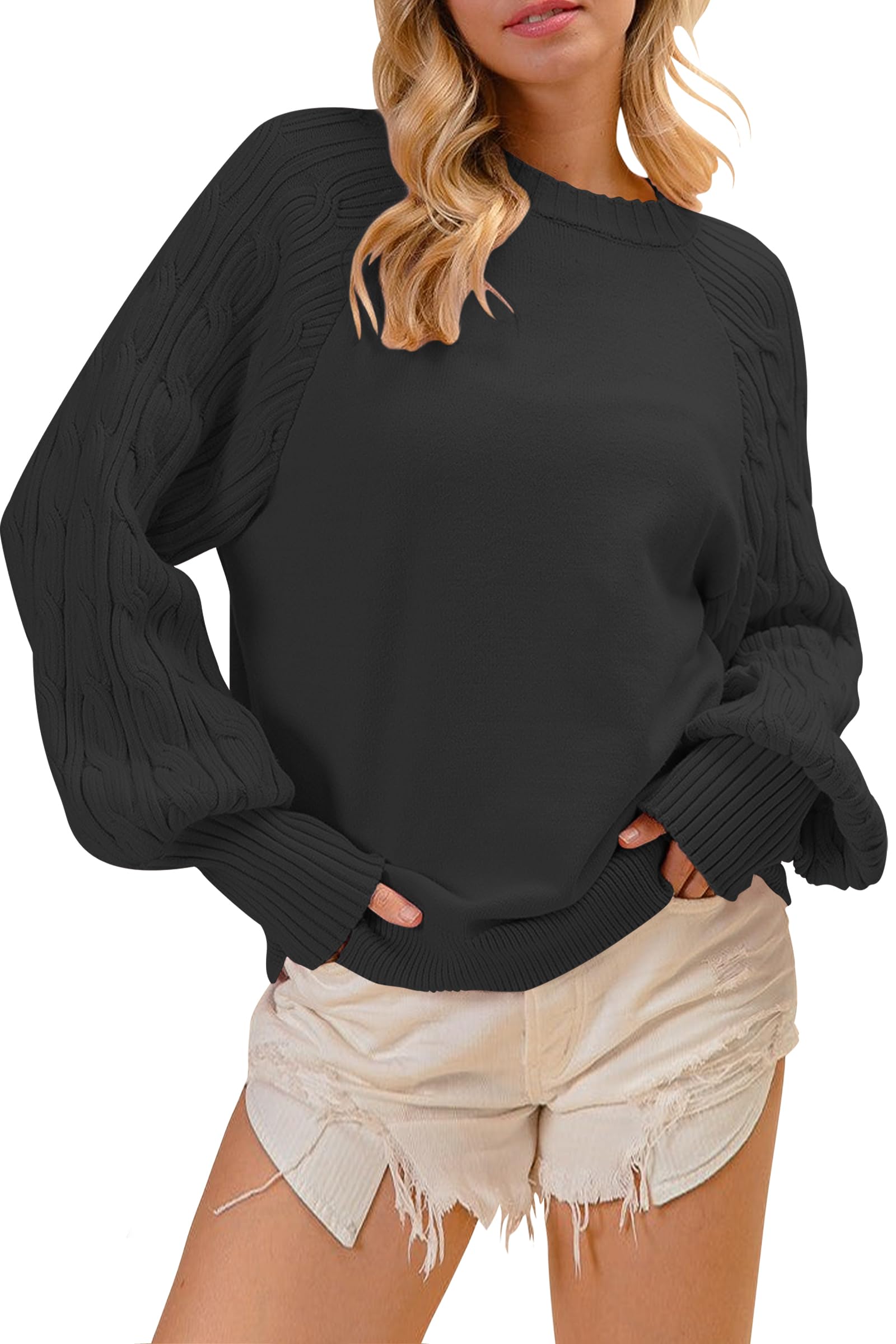 Cakulo Womens Fall Pullover Sweaters Chunky Cable Knit Sweater Lantern Sleeve Crewneck Fashion Knitted Tops 2025