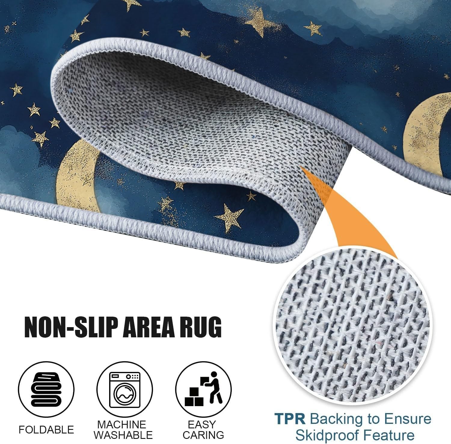 Lavabile in Lavatrice Tappeto per Soggiorno Camera da Letto Ufficio Decorazione 120 x 180 cm, Stile Acquerello Cartone Animato Nuvole Luna Tema Flanella Tappeti con Supporto Antiscivolo, Blu Scuro