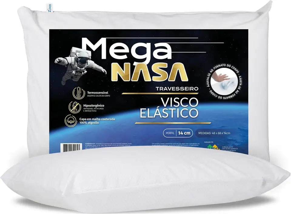 Z Pass Sleep Travesseiro Nasa Alto Mega Viscoelástico Altura 14cm Visco D40 Premium Capa 100% algodão para fronhas 50x70cm - Branco