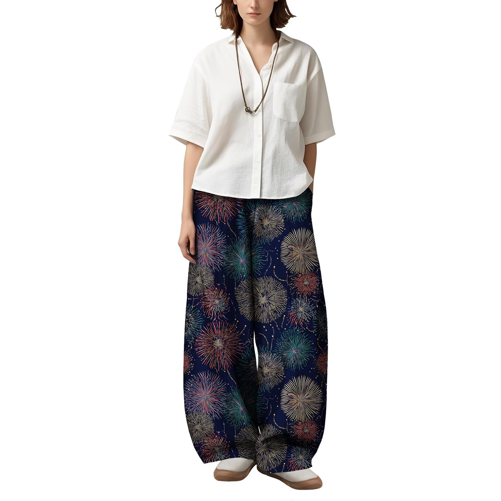 Zaswen Women's Oversize Loose Fit Breathable Pants Wide Leg Lounge Pants Fashion Casual Fireworks Print Trousers with Pockets
